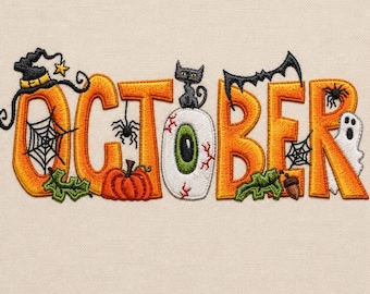 October Halloween Word Embroidery Design, Pumpkin Ghost Cat and Spider Machine Embroidery File, Fall Digital Download