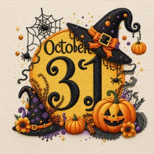May include: An embroidered design on cream fabric featuring a large yellow circle with the text October 31 in black. The scene includes two black witch hats with orange bands, two orange pumpkins, a jack-o'-lantern, spiderwebs, and small spiders.