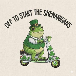 Puede incluir: Ilustración caprichosa de una rana verde con chaleco y sombrero de copa verdes, montada en un scooter decorado con tréboles. El texto "OFF TO START THE SHENANIGANS" se arquea sobre la rana, sugiriendo un tema del Día de San Patricio.