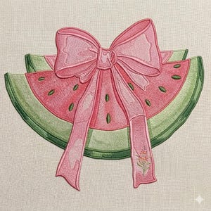 Watermelon Bow Embroidery Design, Cute Summer Fruit with Pink Ribbon, Kawaii Machine Embroidery File  , 5 sizes, Instant Download