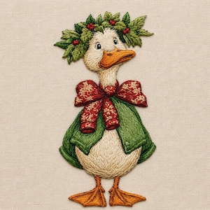 May include: An embroidered patch of a white duck wearing a green jacket, a large red bow with a white floral pattern, and a wreath of green holly leaves with small red berries on its head. The duck has an orange beak and orange webbed feet.