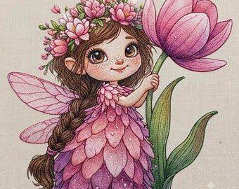 May include: An embroidered illustration of a fairy with brown hair in a braid, wearing a dress made of pink and purple petals. The fairy has pink wings, a floral crown, and is holding a large pink tulip flower on a green stem against a beige background.