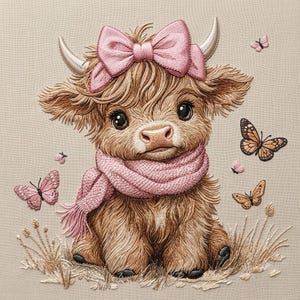 May include: An embroidered illustration of a brown Highland calf with a pink bow on its head and a pink scarf around its neck. The calf is surrounded by several butterflies in shades of pink and orange, set against a light beige fabric background.