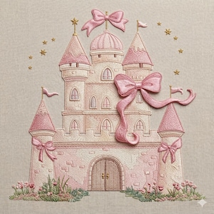 May include: Embroidered pink castle with multiple turrets, arched windows, and a domed roof. The castle is adorned with pink bows, flags, and gold star accents. A floral border accents the base of the castle.
