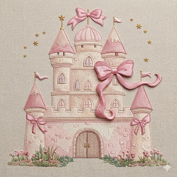 Princess Castle Embroidery Design with Bow, Cute Pink Fairy Tale Castle, Baby Girl Nursery Embroidery File, 5 sizes, Instant Download