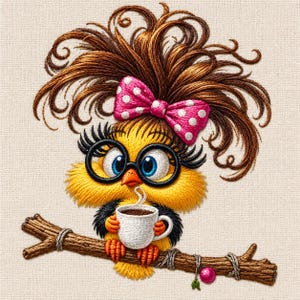 Op de afbeelding: Een geborduurde patch met een gele vogel met warrig bruin haar, een roze strik met stippen en een zwarte bril. De vogel houdt een witte koffiemok vast terwijl hij op een bruine tak zit met een kleine roze bes eraan bevestigd.
