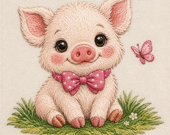 May include: An embroidery design on light fabric featuring a light pink piglet with large dark eyes, rosy cheeks, and a pink polka-dot bow tie. The piglet sits on a patch of green grass with two small white flowers and a pink butterfly nearby.
