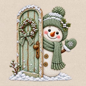 May include: An embroidered wall hanging featuring a light green arched door with a wreath and a snowman wearing a green knit hat, scarf, and mitten. The snowman has a carrot nose, rosy cheeks, and two brown buttons. Snow accents the scene.