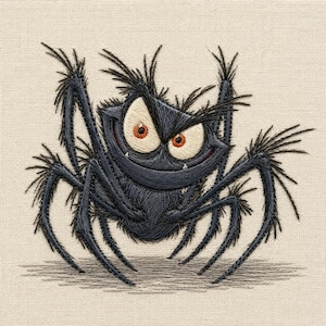 May include: An embroidery design featuring a black spider with a wide, mischievous grin, large white eyes, and bright orange pupils. The spider has eight long, thin, hairy legs and is stitched onto a light beige, textured fabric background.