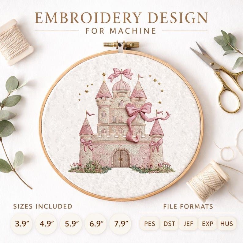 May include: An embroidery hoop with a machine embroidery design of a pink castle with bows and flags. The text "EMBROIDERY DESIGN FOR MACHINE" is at the top. Sizes included are 3.9", 4.9", 5.9", 6.9", and 7.9". File formats include PES, DST, JEF, EXP, and HUS.