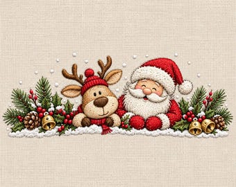 May include: An embroidered design featuring a smiling Santa Claus in a red hat and a reindeer wearing a red knit cap. They are surrounded by green pine branches, red holly berries, brown pinecones, and small gold bells on a snowy white base.