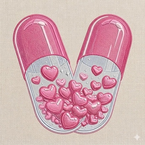 May include: Embroidered design featuring two pink capsules filled with pink hearts. The capsules have a silver outline and a light pink top. The background is a neutral beige color.