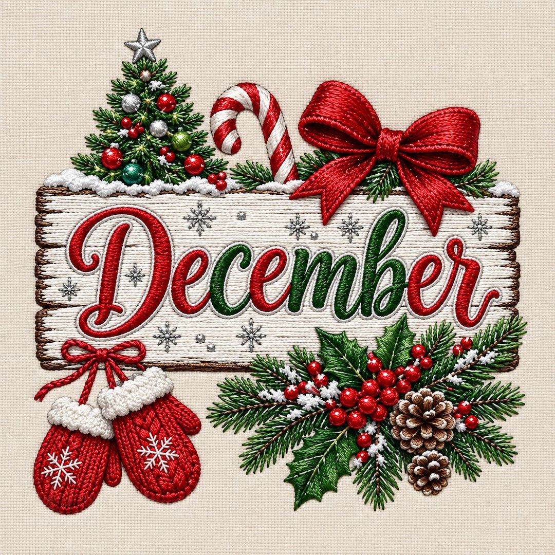 Fancy December Sign December Christmas Embroidery Design, Holiday Sign With Tree Candy Cane ...
