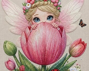 May include: An embroidery design featuring a fairy with blonde hair and a floral crown, peeking over a large pink tulip. The fairy has light pink wings, blue eyes, and is surrounded by green leaves, smaller tulips, a ladybug, and a butterfly.
