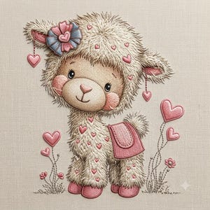 Könnte beinhalten: Ein gesticktes Motiv auf beigem Stoff, das ein flauschiges cremefarbenes Lama mit rosa Wangen zeigt. Das Lama trägt eine blaue und rosa Blume auf dem Kopf und einen rosa Sattel. Kleine rosa Herzen und Blumenstängel umgeben das Lama.