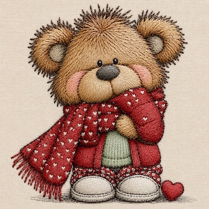 May include: An embroidered illustration of a brown teddy bear with a shaggy texture, wearing a red scarf with white heart patterns, a red jacket, a light green sweater, and white shoes. A small red heart is positioned next to the bear's feet.