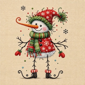 May include: An embroidered snowman wearing a red hat with white snowflakes, a green and red striped scarf, and red mittens. The snowman has a long orange carrot nose, stick arms, and black curled boots. Small black snowflakes and colorful dots surround it.