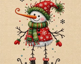 May include: An embroidered snowman wearing a red hat with white snowflakes, a green and red striped scarf, and red mittens. The snowman has a long orange carrot nose, stick arms, and black curled boots. Small black snowflakes and colorful dots surround it.