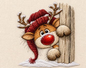 May include: An embroidered patch featuring a cartoon reindeer with a bright red nose, wearing a red knit cap with a tassel. The reindeer has brown fur, antlers with white tips, and is peeking from behind a vertical wooden post on snow.