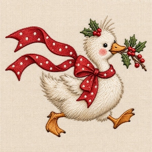 May include: An embroidered design of a white goose with a yellow beak and feet, wearing a red polka-dot ribbon tied in a bow around its neck. The goose holds a sprig of green holly leaves with red berries in its beak, set against a beige fabric.