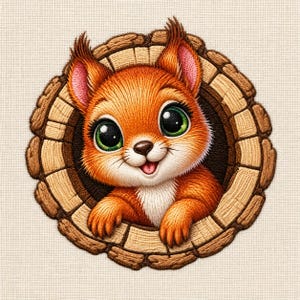 Puede incluir: Un parche bordado que muestra una ardilla naranja con grandes ojos verdes y pecho blanco, asomándose desde un marco circular de madera marrón que simula el hueco de un árbol. El diseño presenta una textura de pelaje detallada.