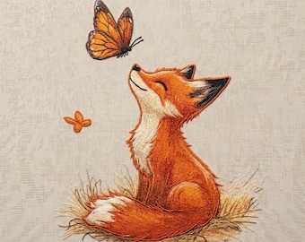 Fox Embroidery Design with Butterfly, Cute Woodland Animal Machine Embroidery File, Forest Fox Art, 5 sizes, Instant Download