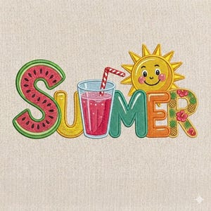 May include: Embroidered design spelling "SUMMER" with a watermelon-shaped "S", a glass of pink drink with a straw, and a smiling sun. The "R" is decorated with pineapples and flowers. The design is on a beige background.