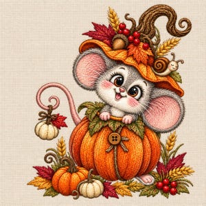 Puede incluir: Una ilustración bordada de un ratón gris con orejas grandes asomándose de una calabaza naranja. El ratón lleva un sombrero naranja adornado con bayas rojas, hojas de otoño, trigo y un caracol. Una pequeña calabaza blanca cuelga de su cola.