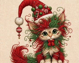 May include: An embroidered illustration of a fluffy kitten wearing a red and green Christmas hat adorned with ornaments and a candy cane. The kitten has green eyes, a red bow tie, and long, textured fur in shades of red, green, and cream.