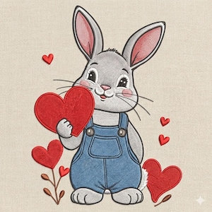 Puede incluir: Imagen bordada de un conejo gris con un peto azul, sosteniendo un corazón rojo. Corazones rojos adicionales están dispersos alrededor del conejo. El conejo tiene orejas internas rosas y mejillas rosadas. El fondo es de color beige claro.