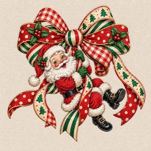 Könnte beinhalten: Eine festliche Illustration des Weihnachtsmanns in einem roten Anzug mit weißem Pelzbesatz und schwarzen Stiefeln, der an einer großen dekorativen Schleife hängt. Die Schleife zeigt rot-weißes Vichy-Muster, grüne Streifen und weiße Punkte.