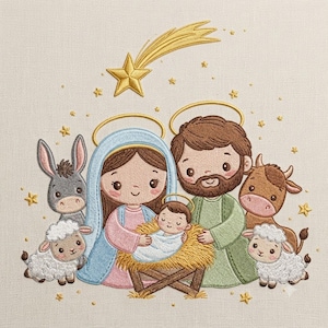 Puede incluir: Un diseño de bordado que muestra una escena de natividad con un infante en un pesebre, flanqueado por dos figuras con halos dorados. Rodeados por un burro, una vaca y dos ovejas bajo una gran estrella dorada con una estela brillante.