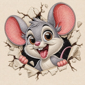 May include: An embroidered design featuring a cartoon mouse with large pink-lined ears, brown eyes, and a wide smile, appearing to break through a cracked, light-colored wall. The mouse has grey fur, a pink nose, and visible front teeth.