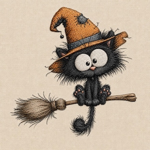 May include: An embroidered design featuring a fluffy black cat with large white eyes wearing a tattered orange witch hat. The cat is sitting on a brown wooden broomstick against a light beige fabric background with visible woven texture.