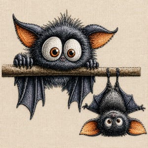 May include: An embroidery design featuring two bats with dark grey fur and orange inner ears. One bat is perched upright on a brown branch with large eyes, while the other bat hangs upside down from the same branch by its feet, facing forward.