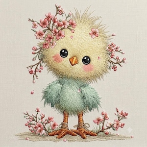 Cute Spring Chick Embroidery Design, Baby Chicken with Cherry Blossoms Embroidery File, Kawaii Bird Machine Embroidery Pattern