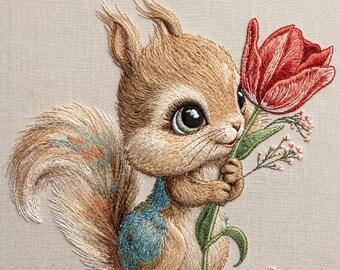 Cute Squirrel Embroidery Design with Tulip, Woodland Animal , Baby Forest Animal, Spring Floral, 5 sizes, Instant Download