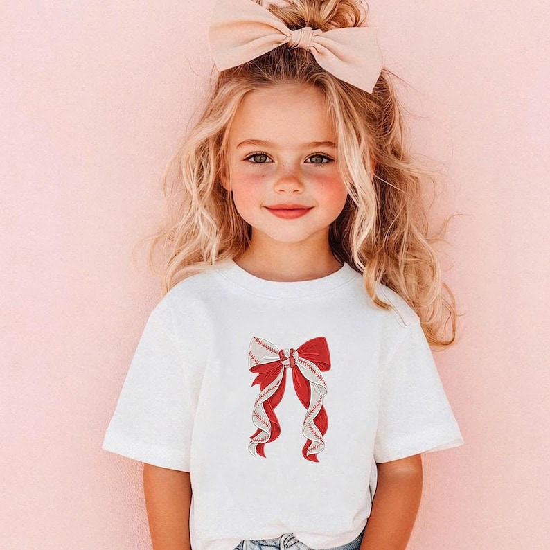 May include: A white t-shirt featuring a red and white baseball-themed bow graphic. The bow design has red ribbons and white baseball stitching details. The image is of a young child with blonde hair and a large bow in their hair.
