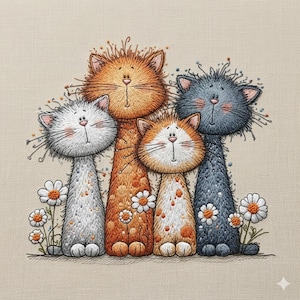 Pode incluir: Uma peça de bordado apresentando quatro gatos estilizados com pescoços longos e pelo texturizado em tons de laranja, cinza e branco. Os gatos estão posicionados entre pequenas flores de margarida brancas com centros laranja num fundo de tecido bege.