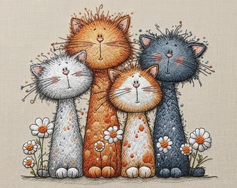 Cute Cat Family Embroidery Design, Whimsical Cats With Daisy Flowers, Kawaii Kitty Embroidery Pattern , 5 sizes, Instant Download