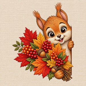 Peut inclure: Une illustration texturée d'un écureuil brun regardant derrière un arrangement automnal vibrant. L'ensemble présente des feuilles d'érable rouges et orange, des grappes de petites baies rouges, des feuilles vertes, deux glands et une noix.