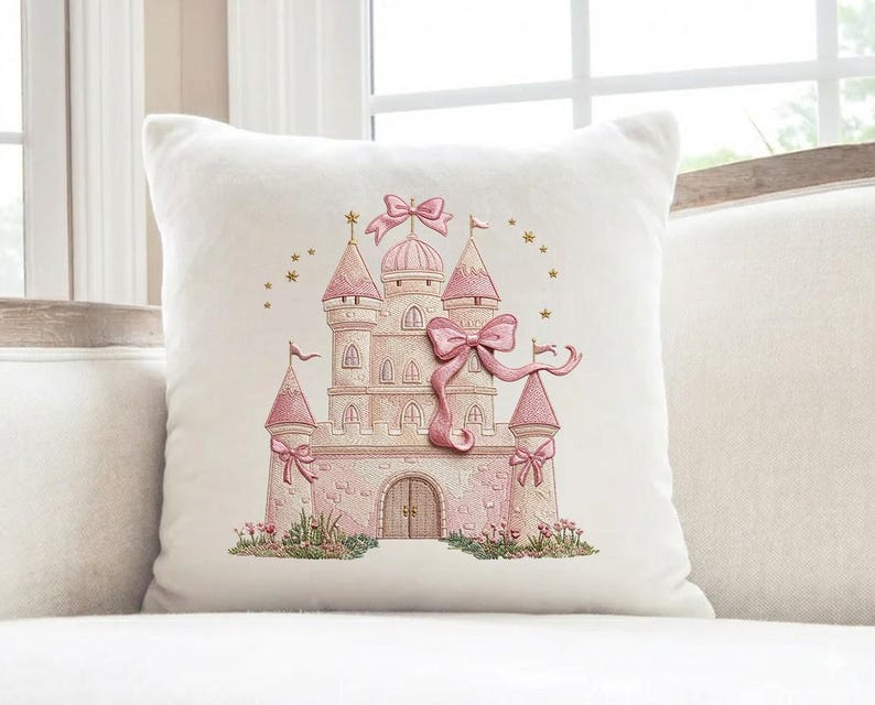 Princess Castle Embroidery Design with Bow, Cute Pink Fairy Tale Castle, Baby Girl Nursery Embroidery File, 5 sizes, Instant Download image 6