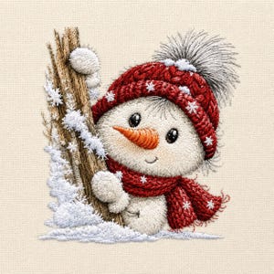 Pode incluir: Um design de bordado apresentando um boneco de neve branco com um nariz de cenoura laranja brilhante, usando um gorro de tricô vermelho texturizado com um pompom cinza e um cachecol vermelho, espreitando atrás de um tronco de árvore castanho nevado.