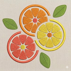 May include: Embroidered design featuring citrus fruit slices: orange, grapefruit, and lemon. Each slice is detailed with textured stitching and surrounded by a matching ring. Green leaves are scattered around the fruit, all on a neutral background.
