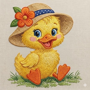 May include: Embroidered image of a yellow duckling wearing a straw hat with a blue polka dot band and an orange flower. The duckling has blue eyes, an orange beak, and is sitting on green grass. The image is a close-up.