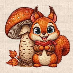 Könnte beinhalten: Ein gestickter Aufnäher mit einem leuchtend orangefarbenen Eichhörnchen mit großen blauen Augen, das eine braune Jacke und einen roten Schal trägt, neben einem großen orangefarbenen Pilz mit weißen Punkten und kleinen orangefarbenen Herbstblättern.