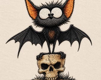 Cute Halloween Bat and Skull Embroidery Design, Spooky Gothic Bat Machine Embroidery File, Halloween Digital Download