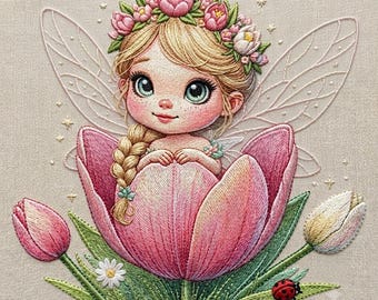 May include: An embroidery design featuring a fairy with blonde hair in a braid and a flower crown, sitting inside a large pink tulip. The fairy has translucent wings, and the scene includes green leaves, small white flowers, and a red ladybug.