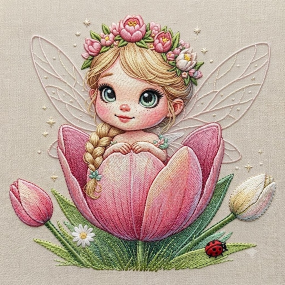 Pink Tulip Fairy Embroidery Design, Cute Flower Fairy Girl, Spring Garden Embroidery File, Fairy Princess , Instant Download
