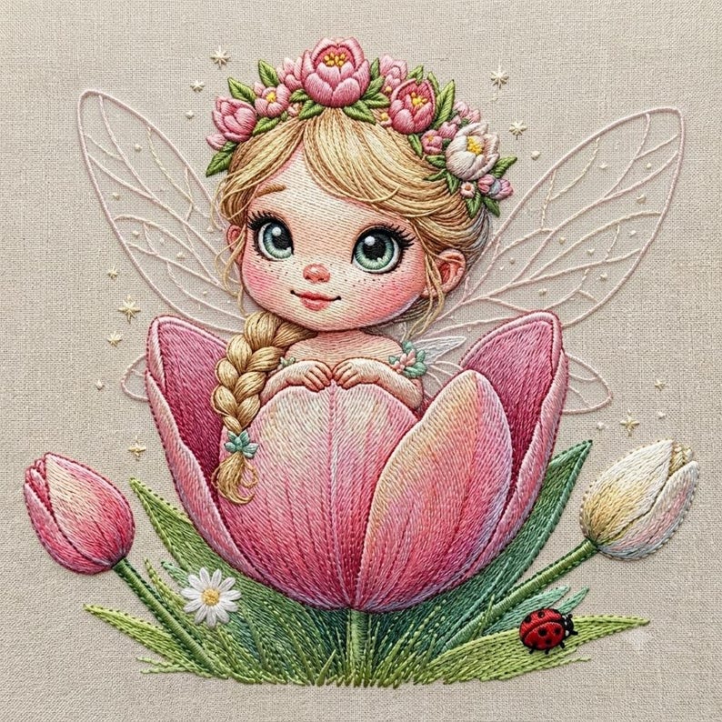 May include: An embroidery design featuring a fairy with blonde hair in a braid and a flower crown, sitting inside a large pink tulip. The fairy has translucent wings, and the scene includes green leaves, small white flowers, and a red ladybug.
